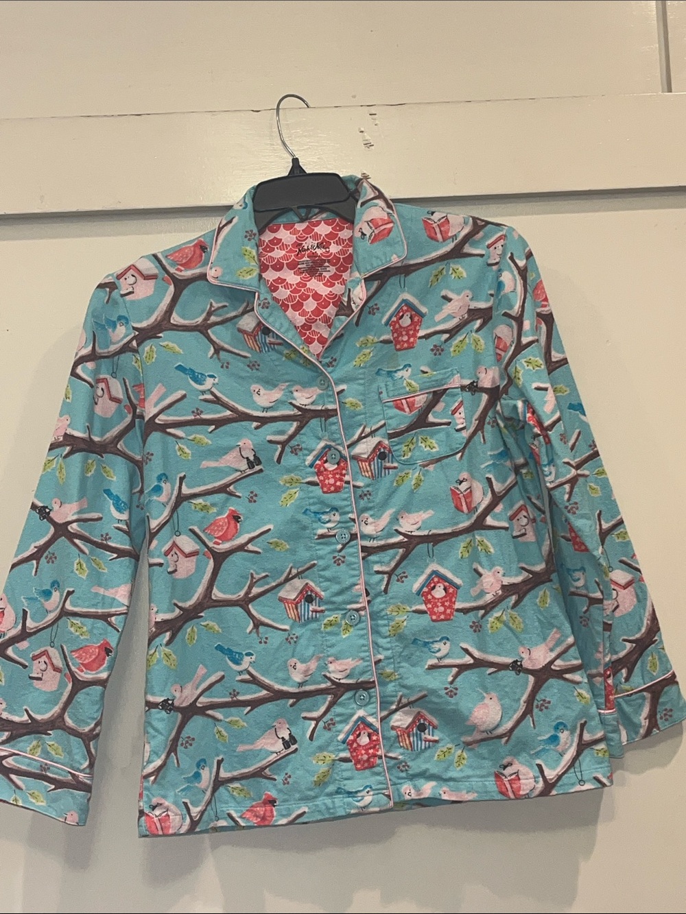 Nick & Nora Turquoise Bird Print Cotton Pajama Top only with Pink & Red Accents